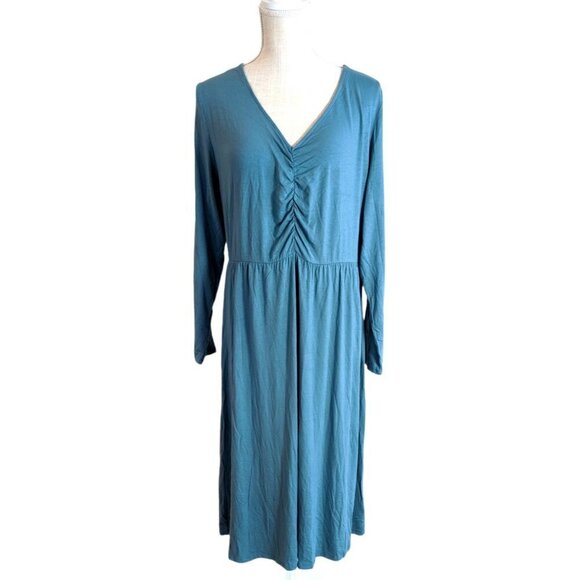 Ava & Viv Teal Ruched Front Long Sleeve A Line Dress - Picture 2 of 6